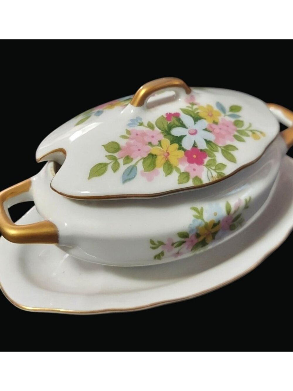 Vintage Floral Lefton Sugar Bowl Lid & Plate Gold Trim T23 B